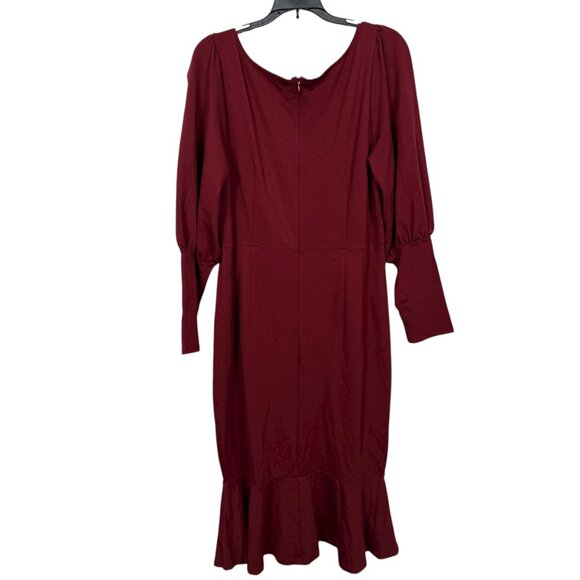 Eloquii Fluted Dress Size 20 Burgundy Long Sleeve Stretch Formal Dressy Midi - Picture 3 of 9